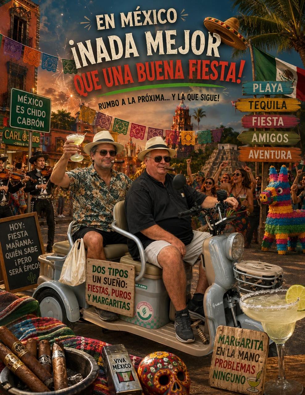 Mexico fiesta poster: two friends on a scooter with margaritas and cigars